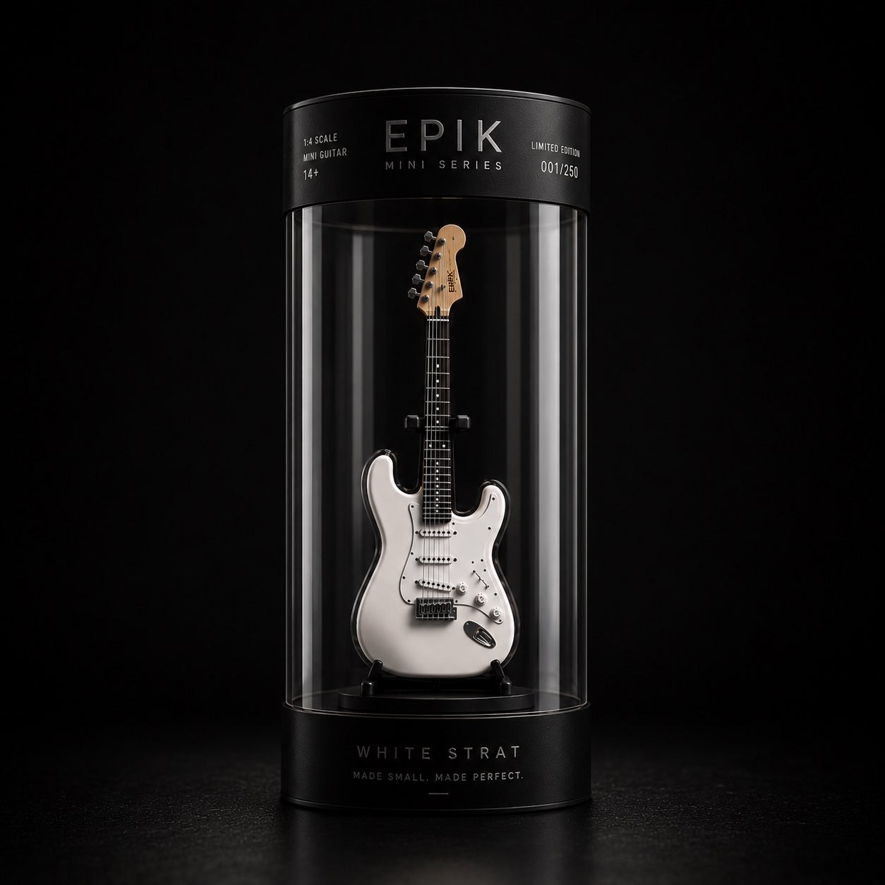 White Strat mini guitar in its display case